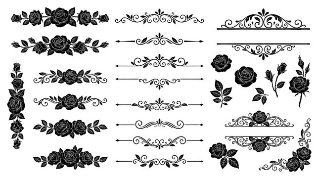 Vintage black rose floral dividers and ornamental borders set