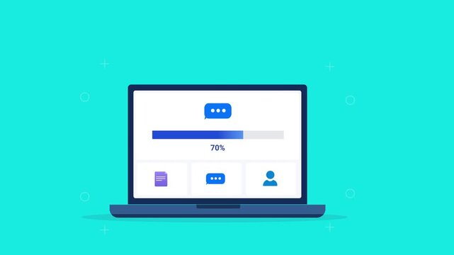 Modern flat vector animation of a laptop displaying a messaging dashboard with chat notification, user profile, document management, and progress bar. Ideal for communication, software, and web techno