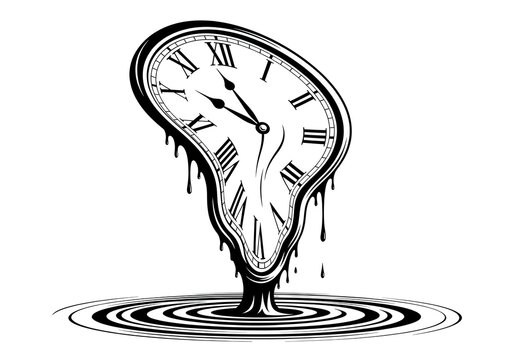 Surreal melting Roman numeral clock dripping on white background