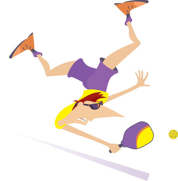 Pickleball sport. Young man in sunglasses hits the ball while falling