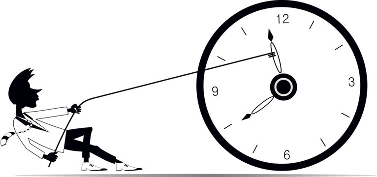 Time concept. Businessman using a rope to stop an arrow on the clock