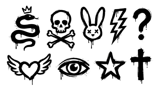 Set of black dripping grunge symbols and icons on white