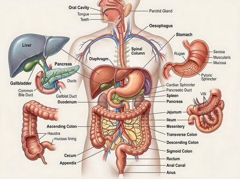 Detailed Human Digestive System Anatomy Illustration.