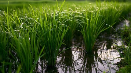 Fototapeta premium A tranquil view of a lush rice paddy reflecting sparkling water with smooth gradients in a diagonal angle