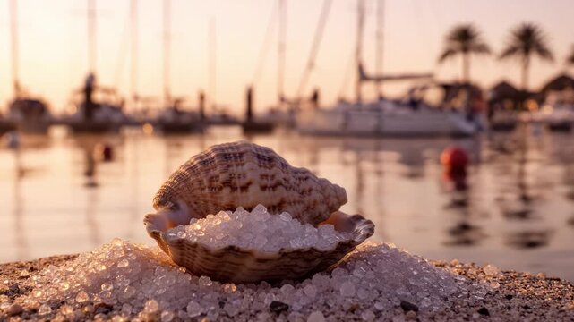 A beautiful seashell resting on a bed of salt crystals, with a scenic marina background filled with boats and palm trees under a soft sunset glow.
