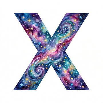 Vibrant watercolor galaxy letter X stars clipart for alphabet letters educational typography