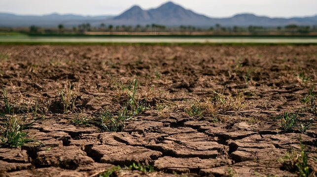 A soft focus photograph captures the dramatic textures and colors of parched crumbling farmland with a shimmering desert mirage in the distance