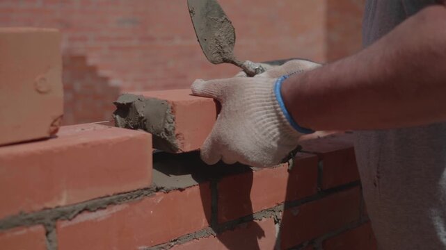 Close-up of a construction worker gloved hands, laying red bricks with wet cement. Professional bricklayer at the construction site.