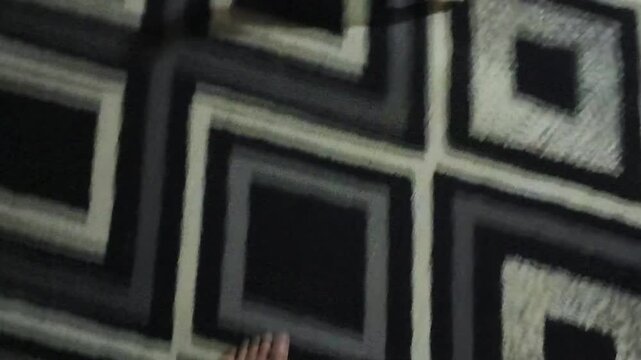 A person's leg and foot with a dog's head resting on their lap, on a geometric patterned rug
