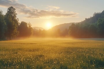Obraz premium Breathtaking idyllic meadow with yellow spring flowers glowing softly during a golden sunrise hour.