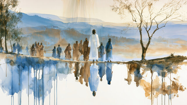 Jesus stands on a hillside speaking to a crowd of followers who are listening attentively in a natural setting with mountains in the background