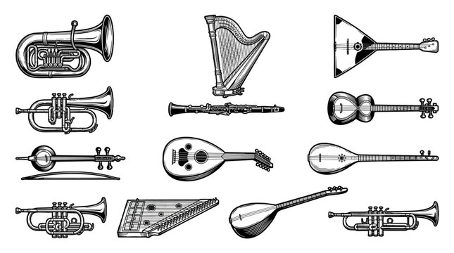 Set of vintage musical instrument engravings in black outline