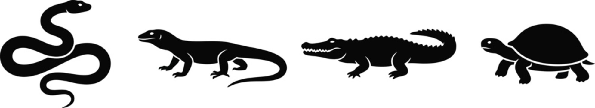 Reptile icons, snake, lizard, crocodile, turtle silhouettes, black animal symbols, wildlife graphics