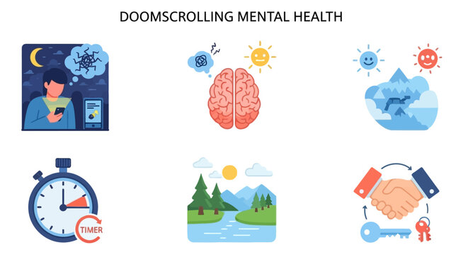 An infographic titled Doomscrolling Mental Health featuring six icons depicting digital habits and nature scenes