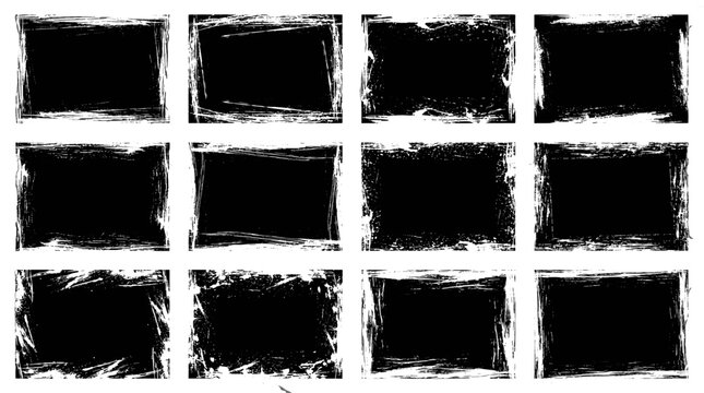 Set of black grunge brush frame rectangles on white
