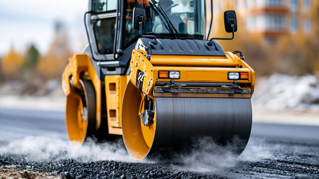 High angle view of heavy road roller compacting hot steaming fresh asphalt on construction site, aerial roadworks concept, overhead construction photography, defocused pavement