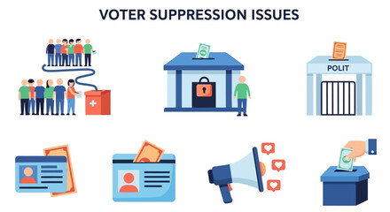 Naklejka premium Graphics depicting election themes including voting lines IDs a megaphone and ballot boxes on a white background
