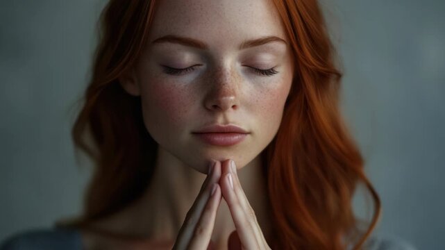Red-haired woman with closed eyes, hands clasped in prayer or meditation pose against a soft background; peaceful and introspective mood.