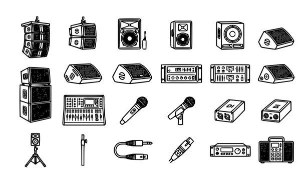 Linear Professional Audio Equipment Icons with Line Array Speakers PA System Components and Live Sound Vector Set