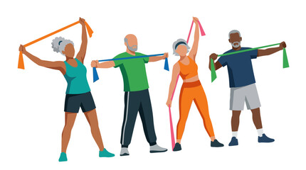 Fototapeta premium Diverse group of active seniors exercising with colorful resistance bands. Four elderly men and women in athletic wear performing stretching and strength training on a white background.
