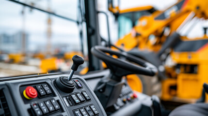 Fototapeta premium Close-up of road construction machinery cab interior with controls visible and active paving site outside window, equipment operator concept, industrial machinery photography,