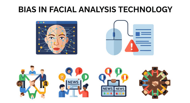 Infographic displaying six icons related to facial analysis technology bias and global collaboration