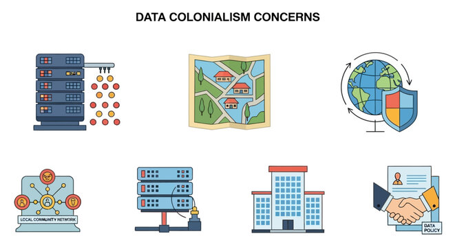 Six illustrated icons on a white background depicting servers maps globes networks buildings and a contract handshake