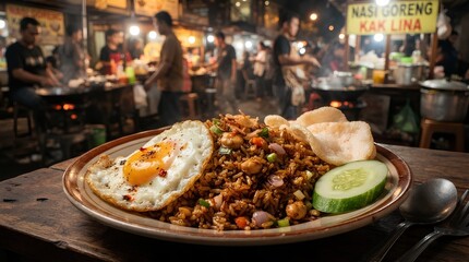 Obraz premium Authentic indonesian nasi goreng served with a crispy fried egg and fresh cucumber slices on a rustic plate at a traditional street food stall, perfect for travel and food culture stock imagery