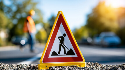 Obraz na płótnie Canvas Road construction warning sign placed on asphalt road surface during bright sunny day, street safety concept, urban traffic management photography, defocused road background, with