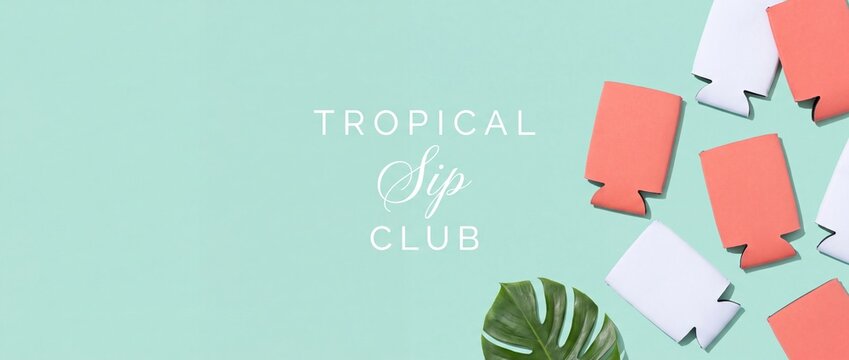 Can cooler mockup flat lay on mint background with monstera leaf and tropical sip club text for summer party beverage branding template. Colorful neoprene stubby holders for drink advertising layouts.