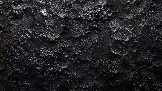 Close-up of a dark, rough, and heavily textured surface, possibly volcanic rock or a similar natural formation, showing intricate patterns of shadows and highlights.