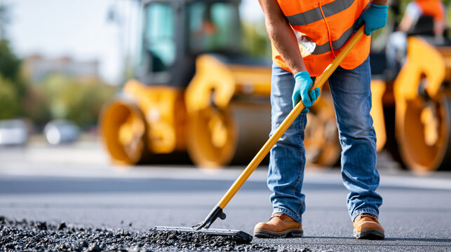 Faceless road construction worker in high visibility vest raking fresh asphalt near active steamroller, urban road repair concept, safety gear photography, defocused machinery