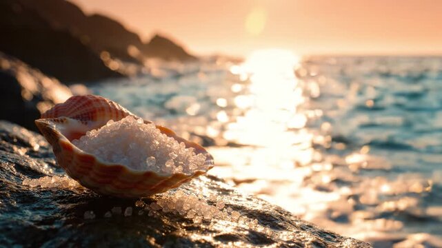 A Beautiful Shell Filled with Sea Salt on a Rocky Shore at Sunset, Capturing the Serenity of Nature and the Reflection of Warm Colors on the Ocean Waves