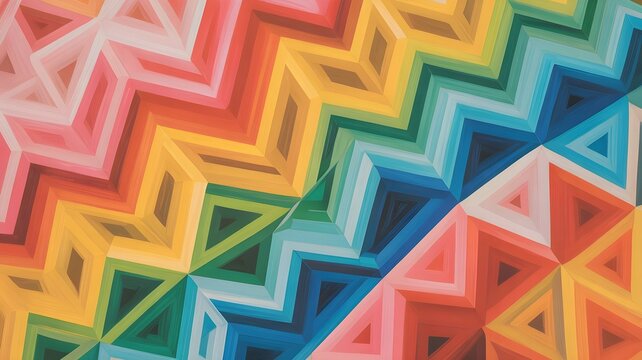 Abstract geometric pattern with vibrant rainbow colors, featuring a repeating chevron and triangle design creating a 3d optical illusion effect