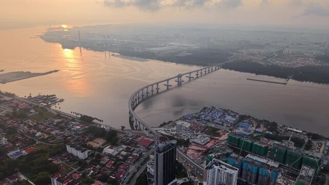 Aerial Drone View of Johor Bahru Singapore RTS Bridge