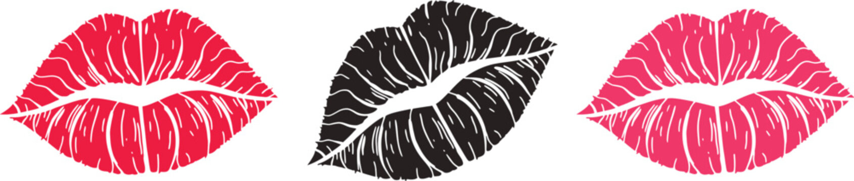 Lip print icon collection in  and monochrome styles. Glamorous kiss mark set for beauty, fashion and cosmetic branding. Clean vector lipstick imprint illustration.