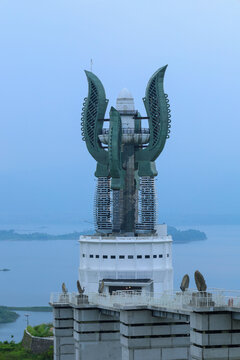 Sumedang, West Java, Indonesia - May 23, 2026: Massive Twin Bladed Monument Stands Tall Above Concrete Observation Deck
