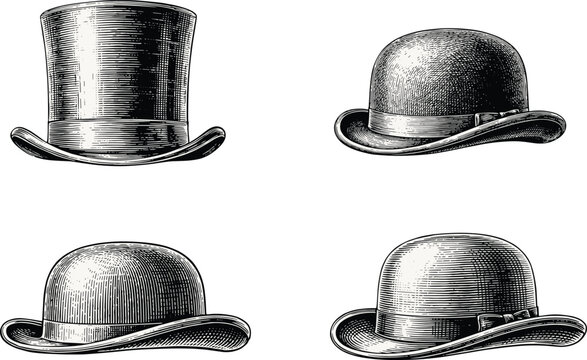 Hat vector illustration set with top hat and classic bowler hats in vintage gentleman retro monochrome engraved sketch style.