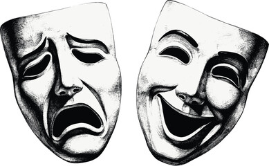 Theater masks vector illustration depicting comedy and tragedy expressions in vintage classic textured monochrome hand drawn sketch style. © SNOW EVA