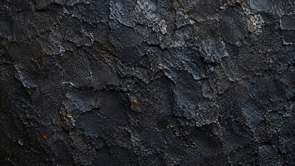 Fototapeta premium A close-up view of a dark, rough, and heavily textured natural rock surface with varying shades of grey and black, showcasing its rugged geological formation.