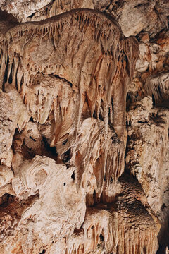 Brown stalactite forming pattern on cave wall, Coves de Campanet, Mallorca, Spain