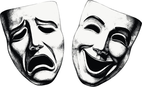 Theater masks vector illustration depicting comedy and tragedy expressions in vintage classic textured monochrome hand drawn sketch style.
