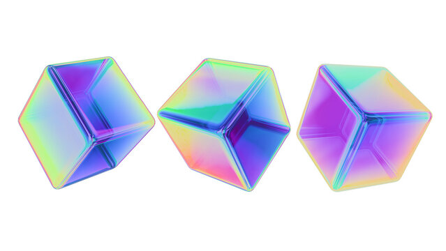 Three translucent 3D objects with shifting colors &mdash; blue, purple, green, and yellow. Holographic glass cubes with bright rainbow glow on a white background, modern technological aesthetics