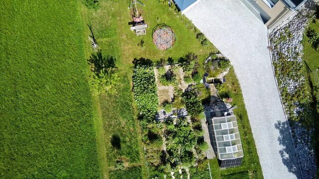 Aerial view of sustainable permaculture garden design with ponds, greenhouse and herb spiral, biodiversity and regenerative landscape architecture