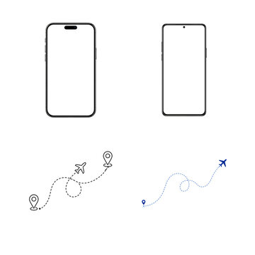 Smartphone mockups with travel route illustrations isolated on transparent background