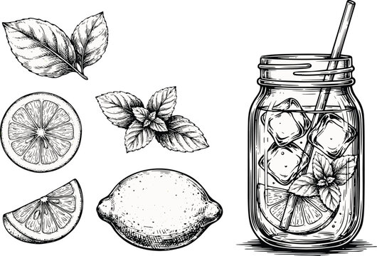 Lemonade vector illustration set with vintage engraved mason jar drink ice cubes whole and sliced lemon fruit with mint leaves for beverage design.
