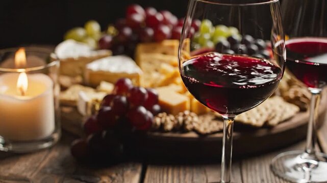 Red wine and cheese platter on a rustic wooden table