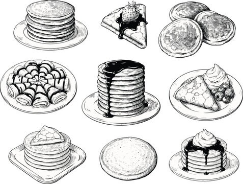 Pancakes vector illustration set with vintage engraved stack syrup waffles crepes and sweet breakfast desserts for bakery cafe menu design.
