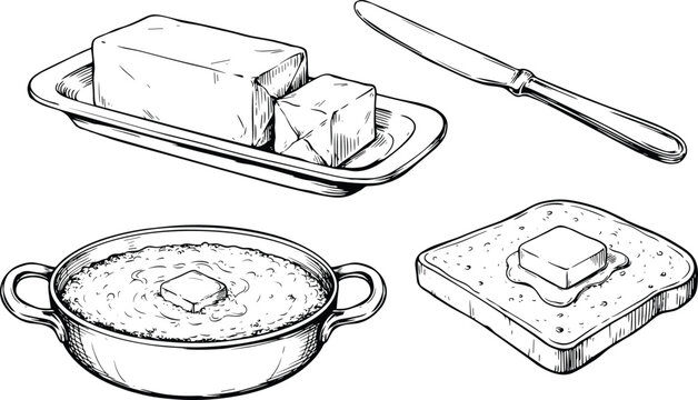 Butter vector illustration set with vintage engraved block on dish knife toast slice and oatmeal porridge bowl for breakfast food design.
