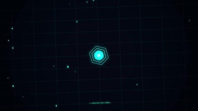 Digital Data Decryption HUD with Pulsing Hexagon and Binary Code Stream